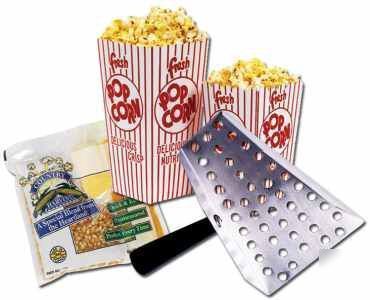 48 popcorn 4OZ salt ready pack ss scoop 100 .75OZ boxes