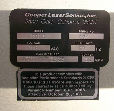 Cooper lasersonics yag laser model# 8000