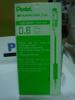 Box OF12 pentel hybrid gel grip pen lightgreen 0.6 mm. 