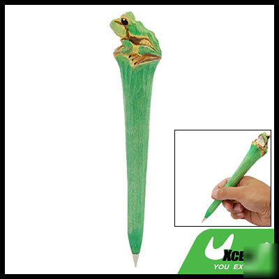 Blue ink wooden ball point ballpoint pen with frog top