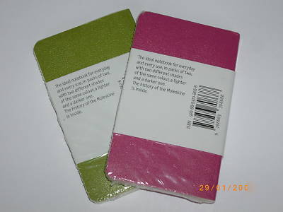2 x 2 ruled extra small pink+green moleskine notebooks
