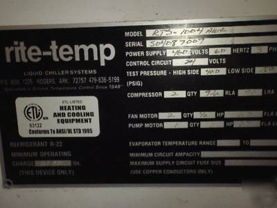 Rite temp 10 ton liquid water/glycol process chiller