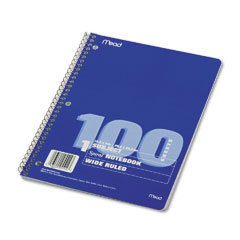 Spiral notebook, wide rule, 3 hole punched, 100 sheets,