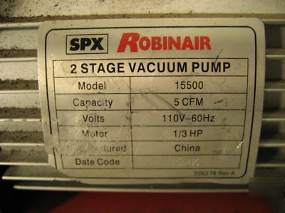 Robinair 15500 vacumaster 5 cfm vacuum pump 2 stage 