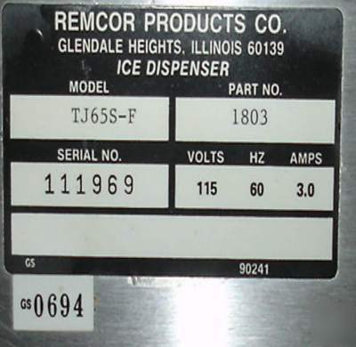 Used remcor flaked ice & water dispenser 65LBS. TJ65S