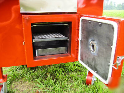 Bbq pit rotisserie smoker insulated gravity assisted