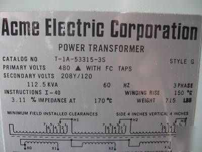 112.5 kva transformer pri 480 sec 208Y/120 3 ph dry typ