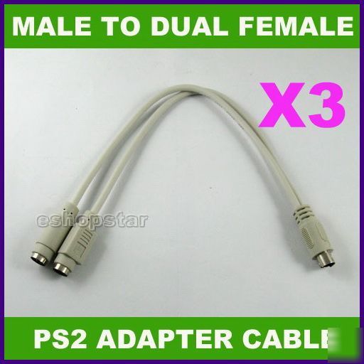 3X male PS2 to dual female PS2 y connector cable for pc
