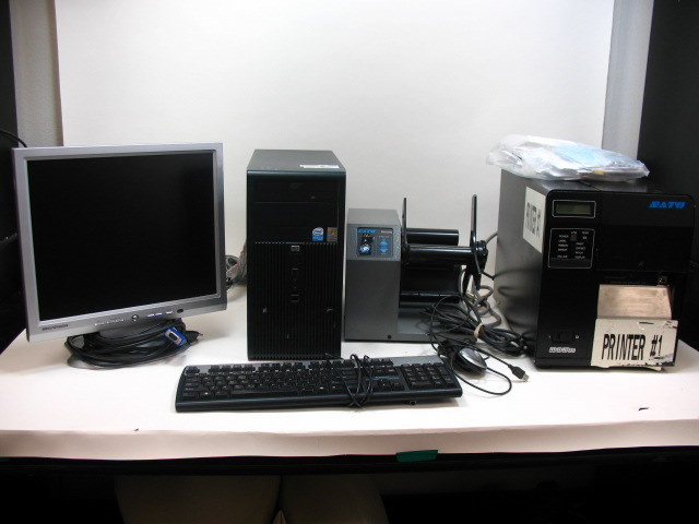 Sato M84PRO labeler system +rewinder + computer system
