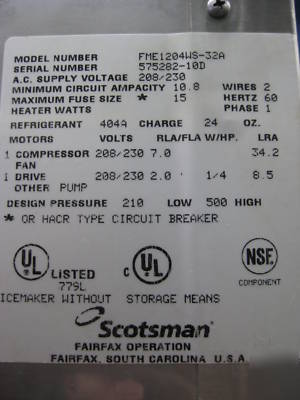 Scotsman ice machine flaker 1,200 lb. model FME1204-ws